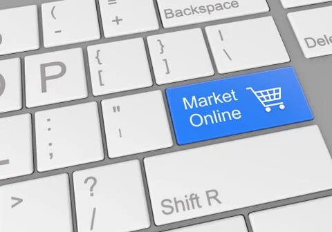 A digital illustration of a computer keyboard with a blue button for online s Illustrazione stock