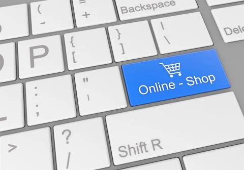 Digital illustration of a computer keyboard with a blue online shop button Illustrazione stock
