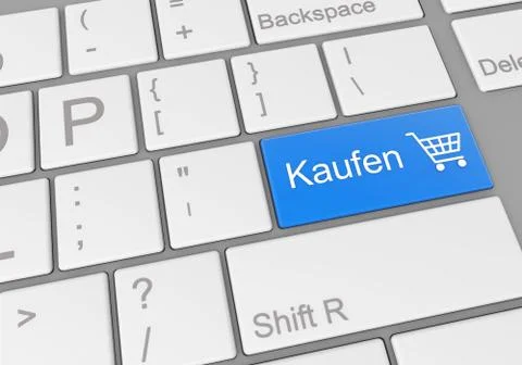 A digital illustration of a computer keyboard with a blue button for shopping 스톡 일러스트