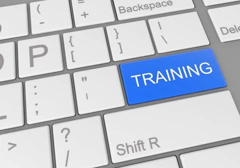 Digital illustration of a computer keyboard with a blue training button Stock Illustration