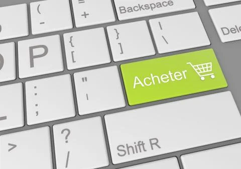 A digital illustration of a computer keyboard with a green buying button in f Illustrazione stock