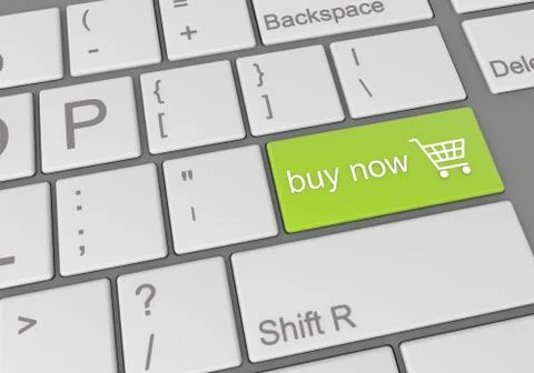 A digital illustration of a computer keyboard with a green buy now button for Illustrazione stock