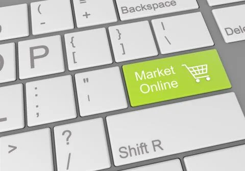 A digital illustration of a computer keyboard with a green button for online  Illustrazione stock