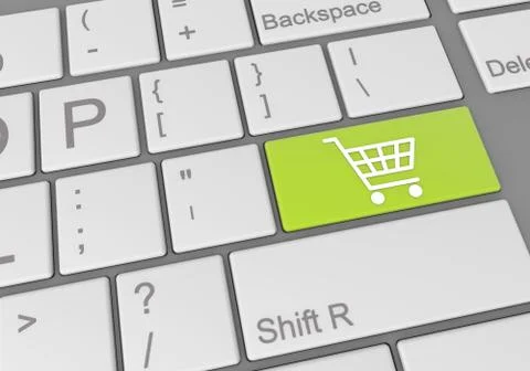 A digital illustration of a computer keyboard with a green cart button for on Stock Illustration