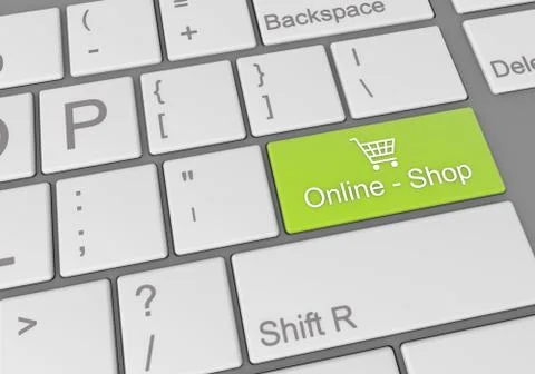Digital illustration of a computer keyboard with a green online shop button Stock Illustration
