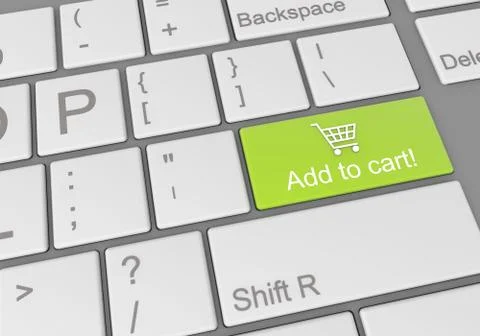A digital illustration of a computer keyboard with a green adding to cart but Stockillustratie
