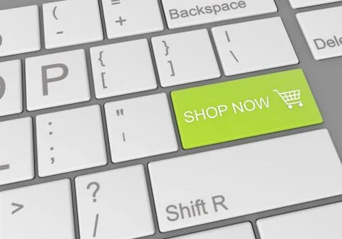 Digital illustration of a computer keyboard with a green button for shop now 스톡 일러스트