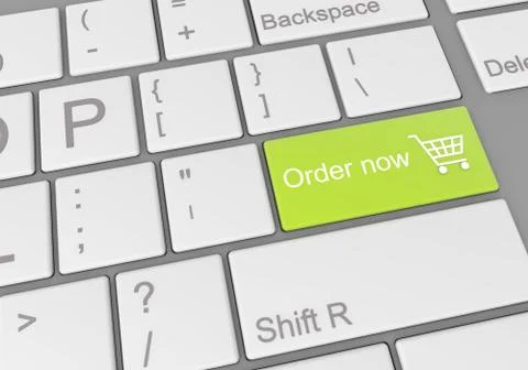 Digital illustration of a computer keyboard with a green button for order now Illustrazione stock