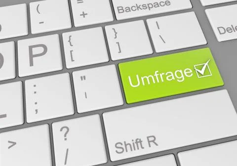Digital illustration of a computer keyboard with a green german survey button Stock Illustration