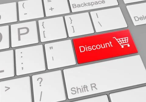 A digital illustration of a computer keyboard with a red discount button for  Stock Illustration