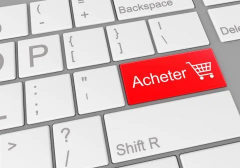 A digital illustration of a computer keyboard with a red buying button in fre Stock Illustration