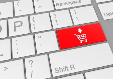 A digital illustration of a computer keyboard with a red add to cart button f Stock Illustration