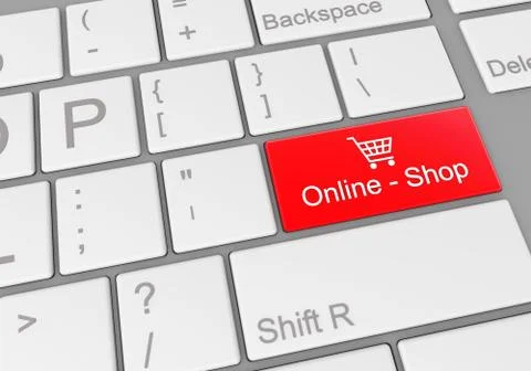 Digital illustration of a computer keyboard with a red online shop button Stock Illustration
