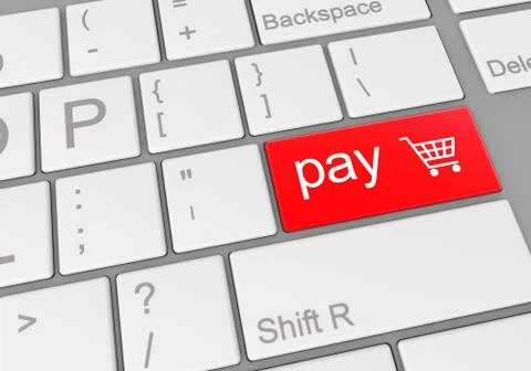 A digital illustration of a computer keyboard with a red button for paying fo Stock Illustration