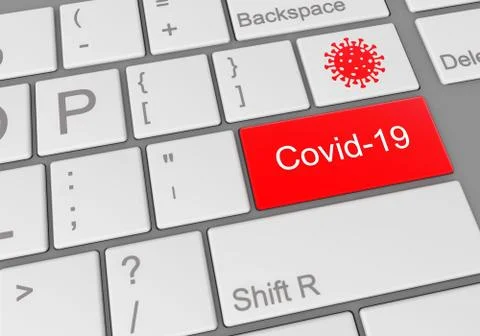 Digital illustration of a computer keyboard with a red Covid-19 button Stock Illustration