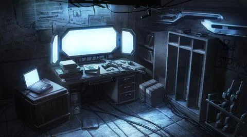 Digital illustration of computer room with blue screens guns weapon books Stock Illustration