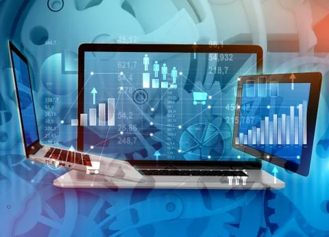 Digital illustration of a computer screen with abstract growth charts Illustrazione stock