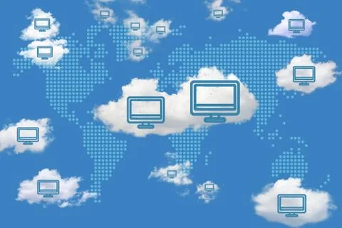 Digital illustration with concept of cloud solutions or cloud computing. Digi Stock Illustration