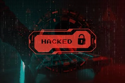 Digital illustration of cyber attack warning message system hacked on compute 스톡 사진