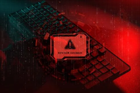 Digital illustration of cyber attack warning message system hacked on compute 스톡 사진