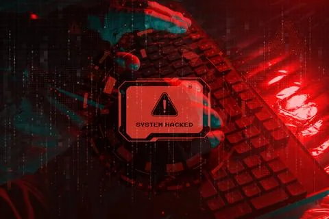 Digital illustration of cyber attack warning message system hacked on compute 스톡 사진