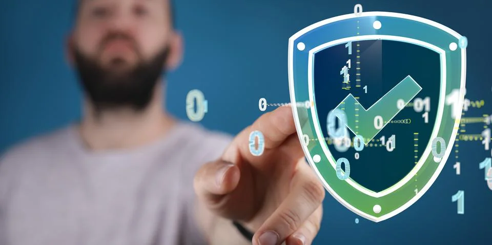 Digital illustration of a cybershield surrounded by binary code 库存照片