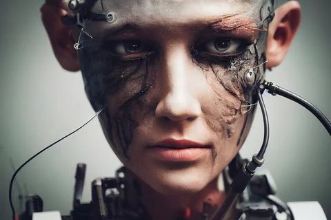 Digital illustration of a cyborg man, computer elements and wires in the head Stock Illustration