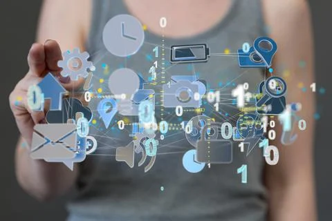 Digital illustration of a data cloud storage network concept and binary codes Stock Photos