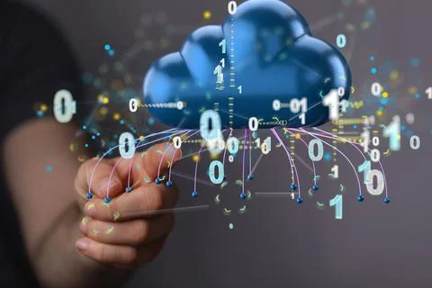 Digital illustration of a data cloud storage network concept and binary codes Stockfoto's