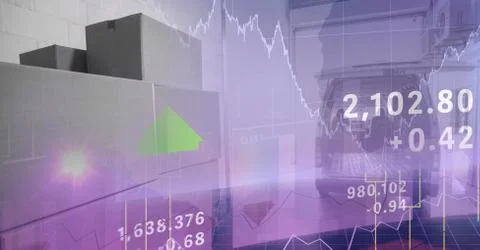 Digital illustration of data processing over an empty warehouse in background Stock Illustration