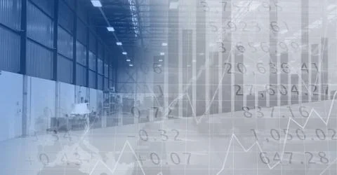 Digital illustration of data processing over an empty warehouse イラスト素材
