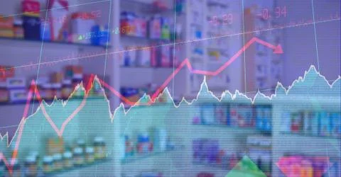 Digital illustration of data processing over an empty pharmacy in the background Stock Photos