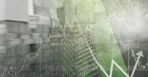 Digital illustration of data processing with statistics showing over cityscape Stock Illustration