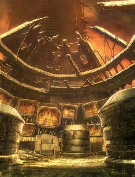 Digital illustration of destroyed abandoned interior view environment landscape Stock Illustration