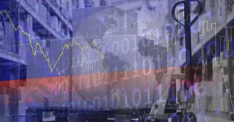 Digital illustration of Earth with an empty warehouse with data processing Stock Illustration