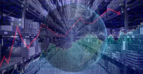 Digital illustration of Earth with an empty warehouse with data processing Stock Illustration