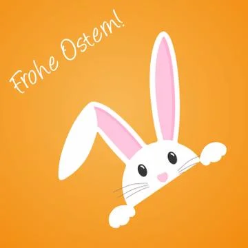 A digital illustration of an Easter bunny on an orange background and "Happy  Stock Illustration