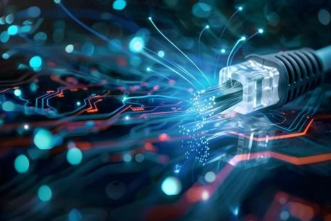 Digital illustration of an ethernet cable with optic fibers on a circuit bo.. Stock Photos