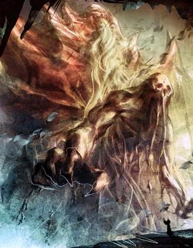 Digital illustration of fantasy scene of warlock summoning huge monster creature Stock Illustration
