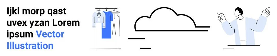 Digital illustration featuring cloud storage icon, a character pointing, hang Illustrazione stock