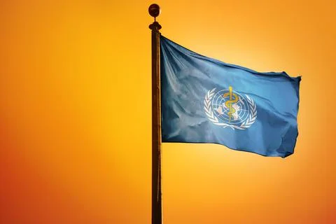 A digital illustration of the flag of the World Health Organization waving ag Stock Illustration