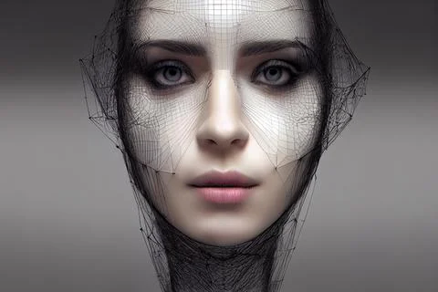 Digital illustration human face with abstract web structure. Artificial intel Illustrazione stock