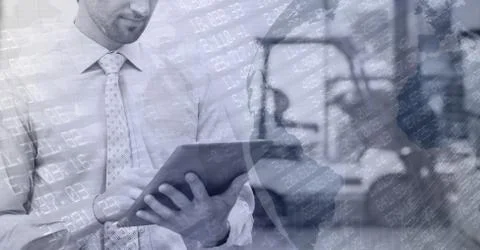 Digital illustration of man using digital tablet working in warehouse over data Stock Illustration