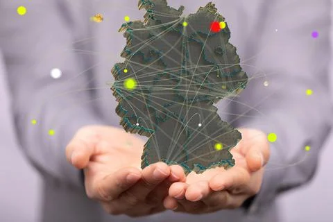 Digital illustration of a map of Germany on hands Stockfoto's