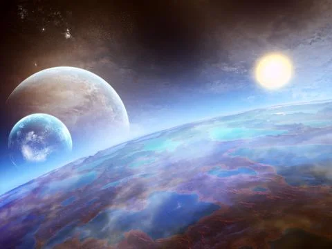 Digital illustration of mega earth and two moons with epic view of universe Stock Illustration