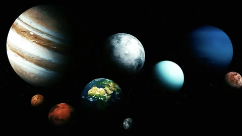 Digital illustration of multiple planets floating in dark space, including .. Stock Footage 340383169