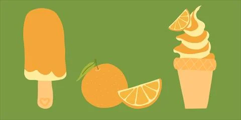 Digital illustration of orange popsicle, soft serve, and orange slice on a green Stock Illustration