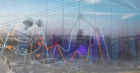 Digital illustration of an oxygen mask with data processing over cityscape Stock Illustration