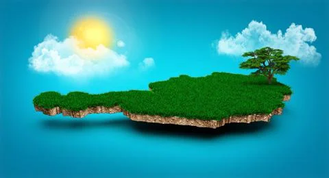 Digital illustration of a realistic 3D map of Austria with clouds. tree and sun Illustrazione stock