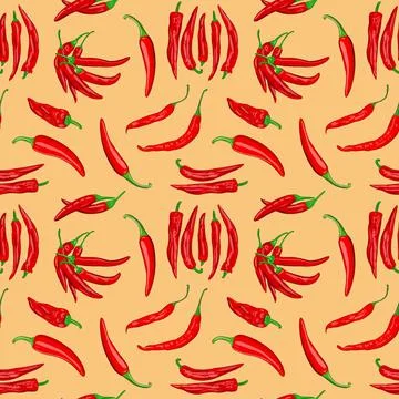 Digital illustration of a seamless pattern of red hot cayenne pepper pods on a Stock Illustration